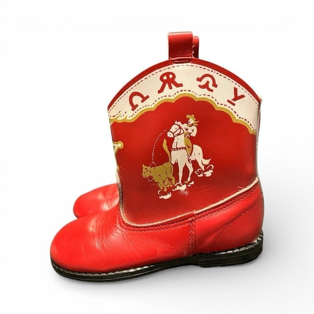 Vintage 1950s Red Leather Kids Cowboy Boots Western Bronco Graphic Size 6.5D